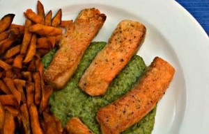 Spinach Skordalia with Salmon Fingers