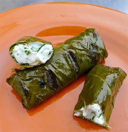 Grilled Grape Leaves Stuffed with Herbed Goat Cheese