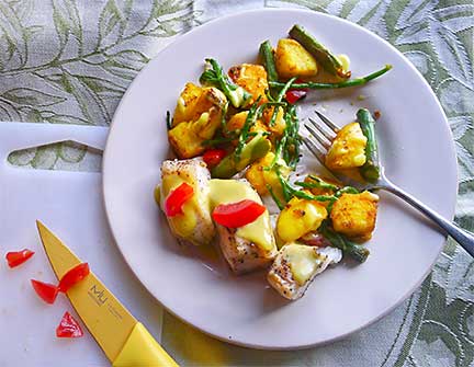 Pan-Fried Halibut with Sea Beans, Asparagus, and Saffron Potatoes